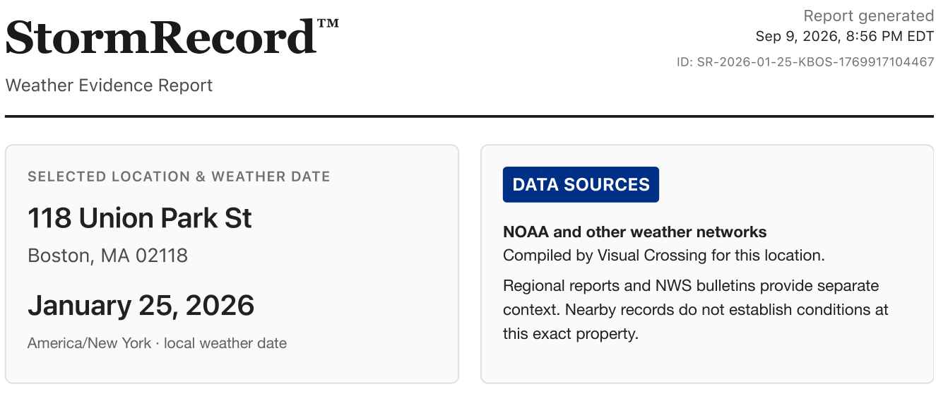 Boston sample identifies January 25, 2026 as the weather date and September 9, 2026 as the report-generation date.